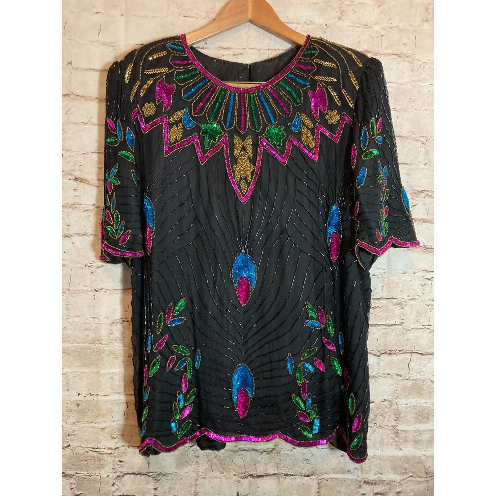 Vintage 80's Silk Beaded Top Womens XL All Over Beading Lined Artsy Jewels